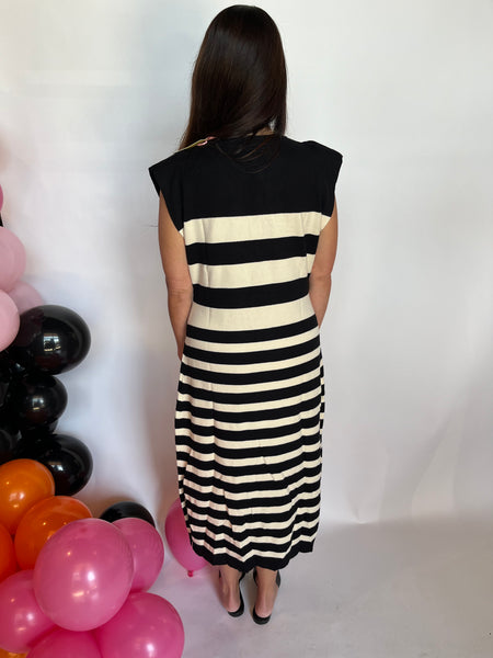 Striped Sleeveless Midi Bodycon Dress- Black-K. Ellis Boutique