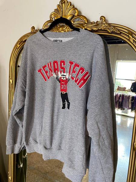 Texas Tech Cartoon Mascot Puff Ink Sweatshirt- Grey-K. Ellis Boutique