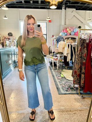 Olive Lace Knit Top-Short Sleeve Top-K. Ellis Boutique