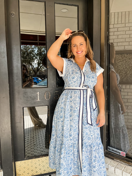 Floral Print Collared Midi Dress- Blue-K. Ellis Boutique