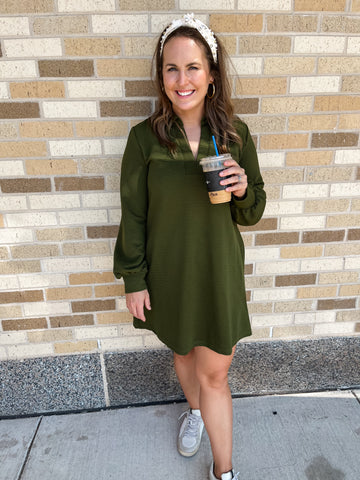 Collared Long Sleeve Ribbed Dress - Olive-K. Ellis Boutique