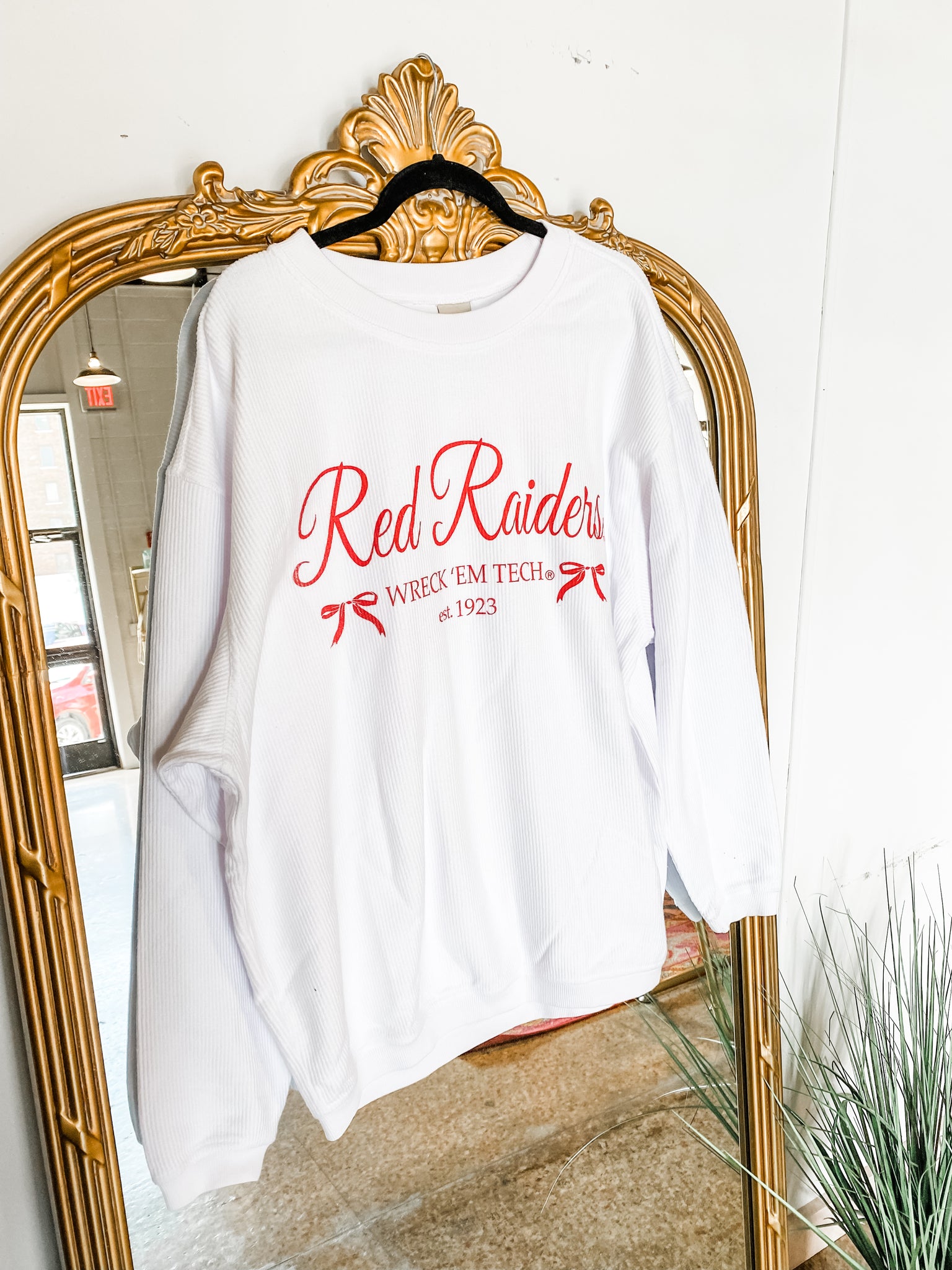 Texas Tech Established Bows Corded Crew Sweatshirt- White-K. Ellis Boutique