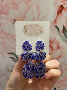Floral Printed Shell Dangle Earrings - Gold/Blue-K. Ellis Boutique