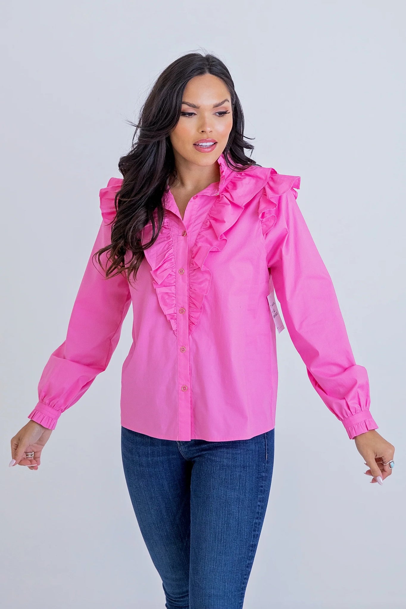 Karlie Solid Poplin Ruffle Button Down- Pink-K. Ellis Boutique