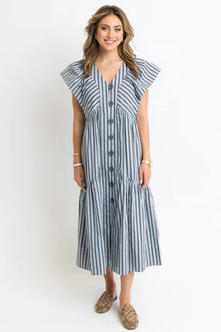 Karlie Stripe V-Neck Maxi Dress- Blue-K. Ellis Boutique