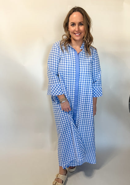 Gingham Print Collared Midi Dress- Blue-K. Ellis Boutique