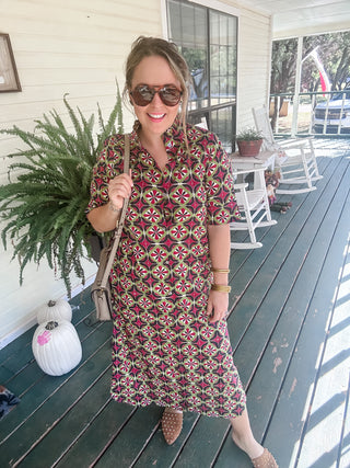 Stacy Geometric Print Short Sleeve Midi Dress- Wine-K. Ellis Boutique