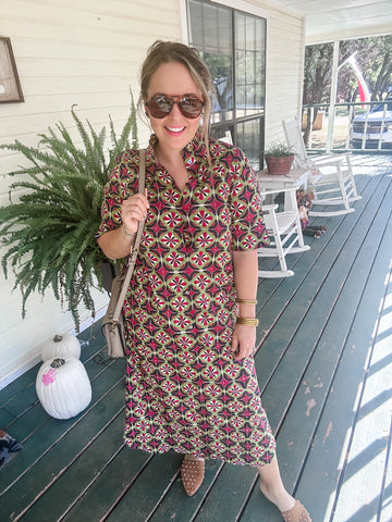 Stacy Geometric Print Short Sleeve Midi Dress- Wine-K. Ellis Boutique