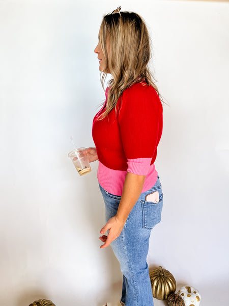 Margot Color Block Collared Sweater Top- Pink/Red-K. Ellis Boutique