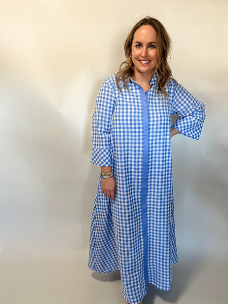 Gingham Print Collared Midi Dress- Blue-K. Ellis Boutique