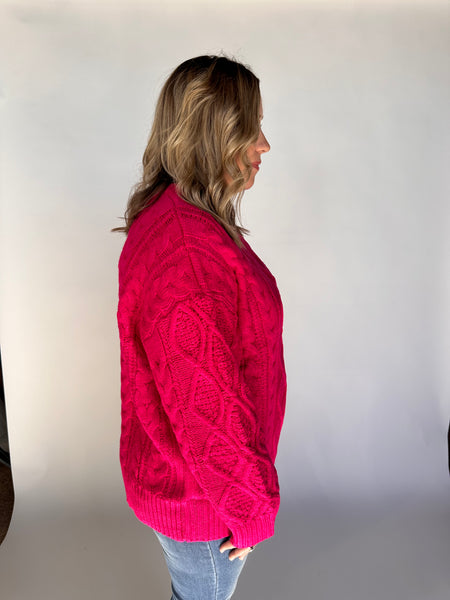 Oversized Mixed Cable Pattern Sweater Top- Hot Pink-K. Ellis Boutique