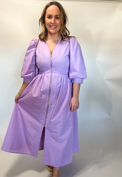 Anne ¾ Sleeve Zip Front Midi- Lavender-K. Ellis Boutique