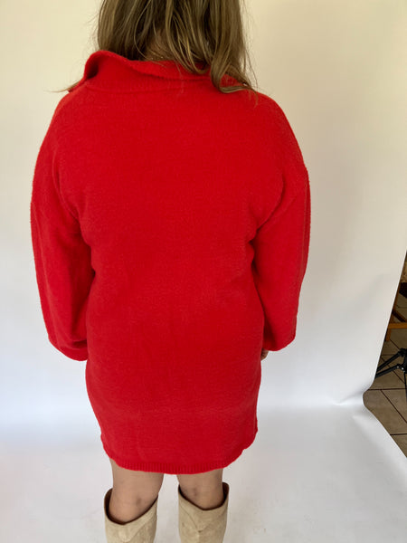 LONG SLEEVE COLLAR FUZZY SWEATER DRESS- RED-K. Ellis Boutique