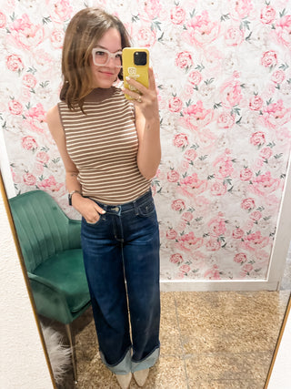 Mock Neck Sleeveless Sweater Top- Mocha & Cream Stripes-K. Ellis Boutique