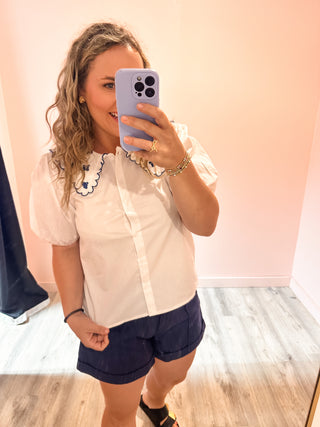 Puff Sleeve Poplin w/ Embroidered Collar- Off White-Short Sleeve Top-K. Ellis Boutique