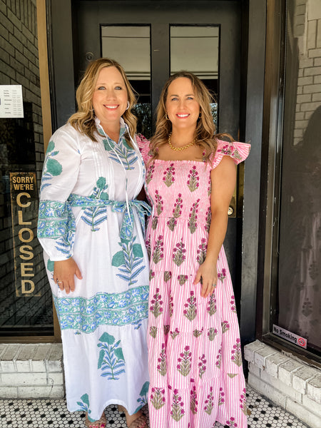 Floral Print Long Sleeve Tiered Midi Dress- White-Block Print-K. Ellis Boutique