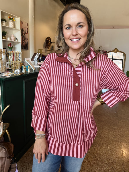 Cotton Collared Striped Top- Pink & Red-K. Ellis Boutique