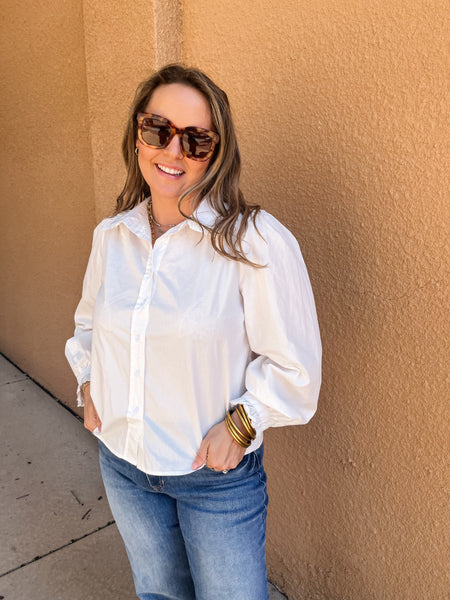 Ruffle Detail Button Down- Off White-K. Ellis Boutique