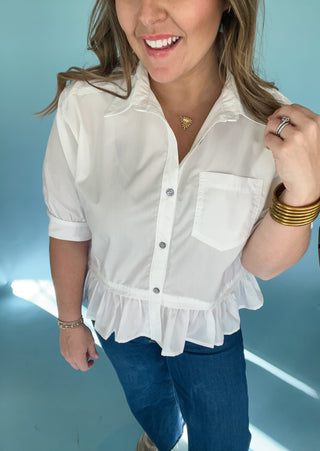 Miranda Ruffle Hem Button Up- Off White-Short Sleeve Top-K. Ellis Boutique