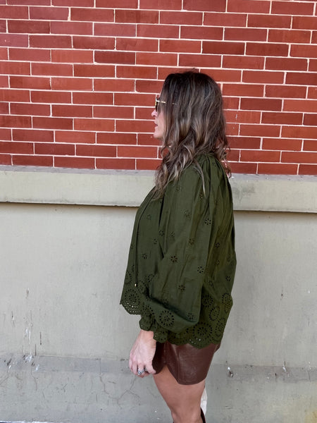 Solid Eyelet Long Sleeve Top - Olive-K. Ellis Boutique