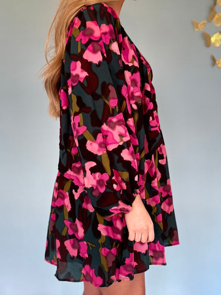 Floral Print V-neck Mini Dress- Hunter Green-K. Ellis Boutique