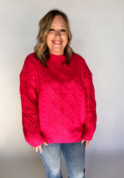 Oversized Mixed Cable Pattern Sweater Top- Hot Pink-K. Ellis Boutique