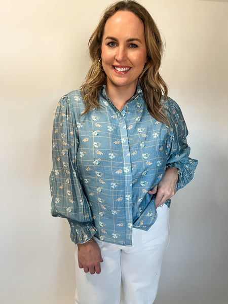 Louise Floral Top- Dusty Blue-K. Ellis Boutique