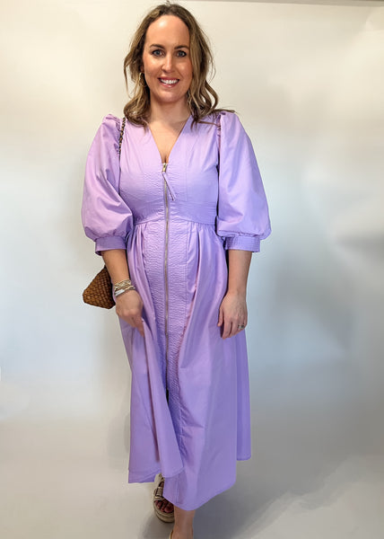Anne ¾ Sleeve Zip Front Midi- Lavender-K. Ellis Boutique