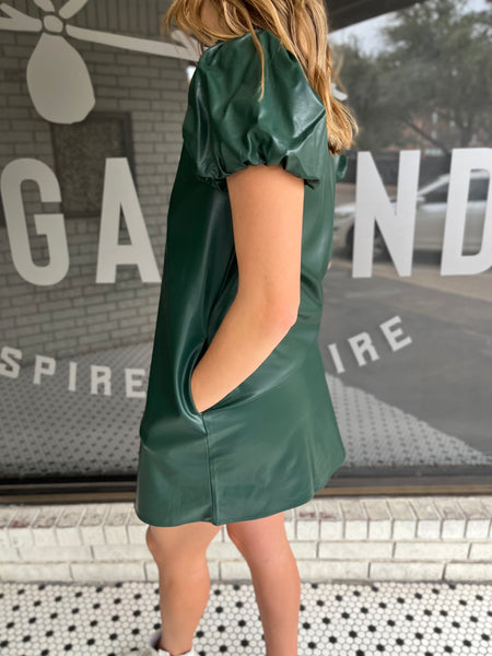 Faux Leather V-Neck Mini Dress - Hunter Green-K. Ellis Boutique