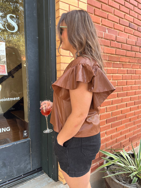 Solid Faux Leather Ruffle Sleeve Top- Brown-K. Ellis Boutique