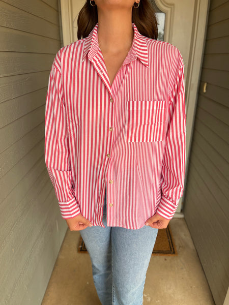 STRIPED LONG SLEEVE COLLARED BLOUSE - PINK-K. Ellis Boutique