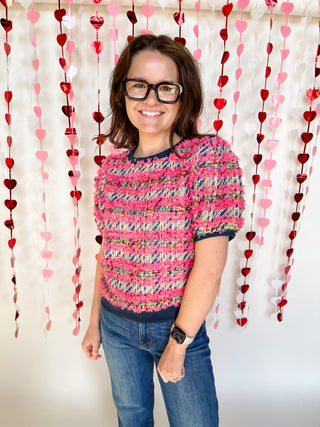 Lurex Tweed Rib Contrast Top- Pink & Blue-K. Ellis Boutique