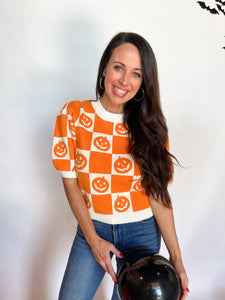 Short Sleeve Pumpkin Checkered Top - Pumpkin-K. Ellis Boutique