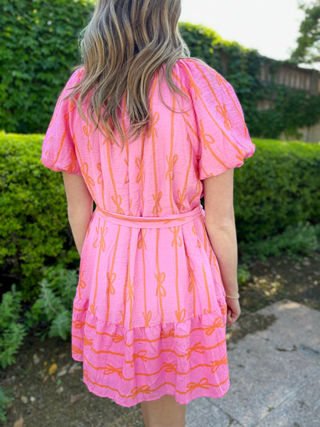 Bow Print Button Down Mini Dress - Bubble Pink-K. Ellis Boutique