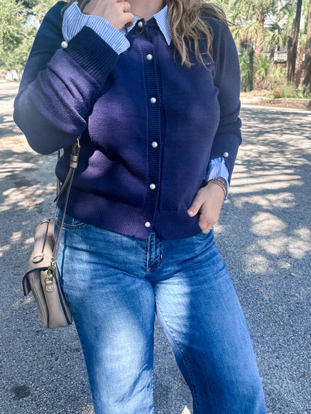 Collared Cardigan w/ Stripe Trim- Navy-K. Ellis Boutique