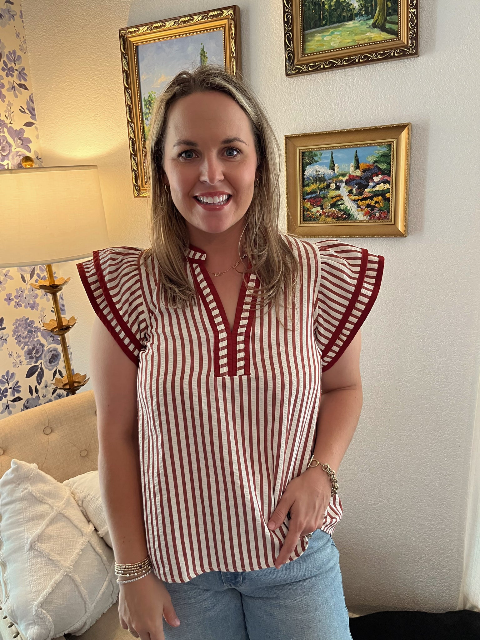 Stripe Flutter Sleeve Top- Rust-K. Ellis Boutique