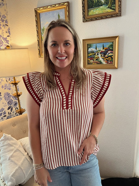 Stripe Flutter Sleeve Top- Rust-K. Ellis Boutique