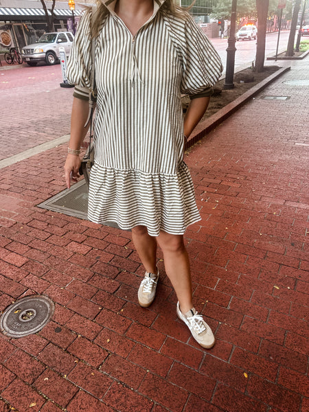 Striped Ruffle Hem Zip Mini- Olive-K. Ellis Boutique