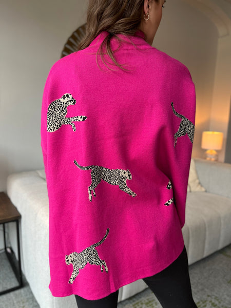 Cheetah Print Mock Neck Long Sleeve Sweater - Hot Pink-K. Ellis Boutique