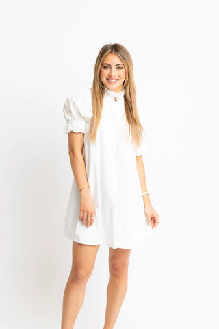 Solid Poplin Ruffle Neck Pleat Back Tie Dress- White- Karlie-K. Ellis Boutique