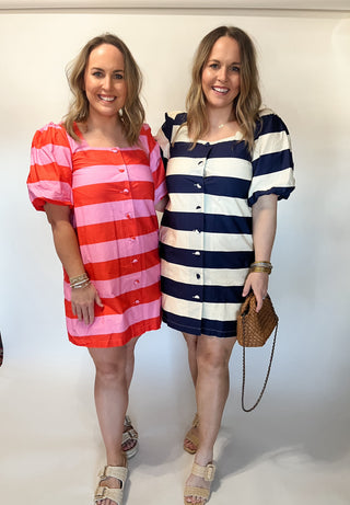 The Naomi Square Neck Stripe Mini Dress- Navy & White-K. Ellis Boutique