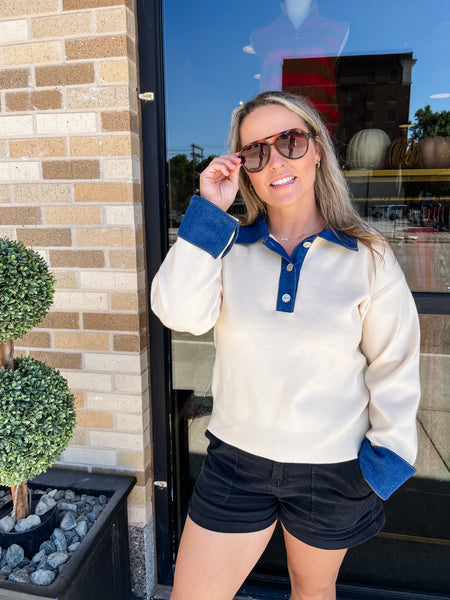 Cream and Denim Miranda Blouse- Ecru-K. Ellis Boutique