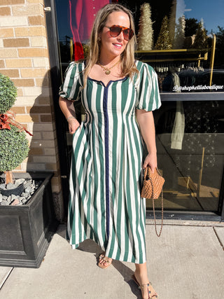 Bold Vertical Stripes Square Neck Midi Dress- Hunter Green-K. Ellis Boutique