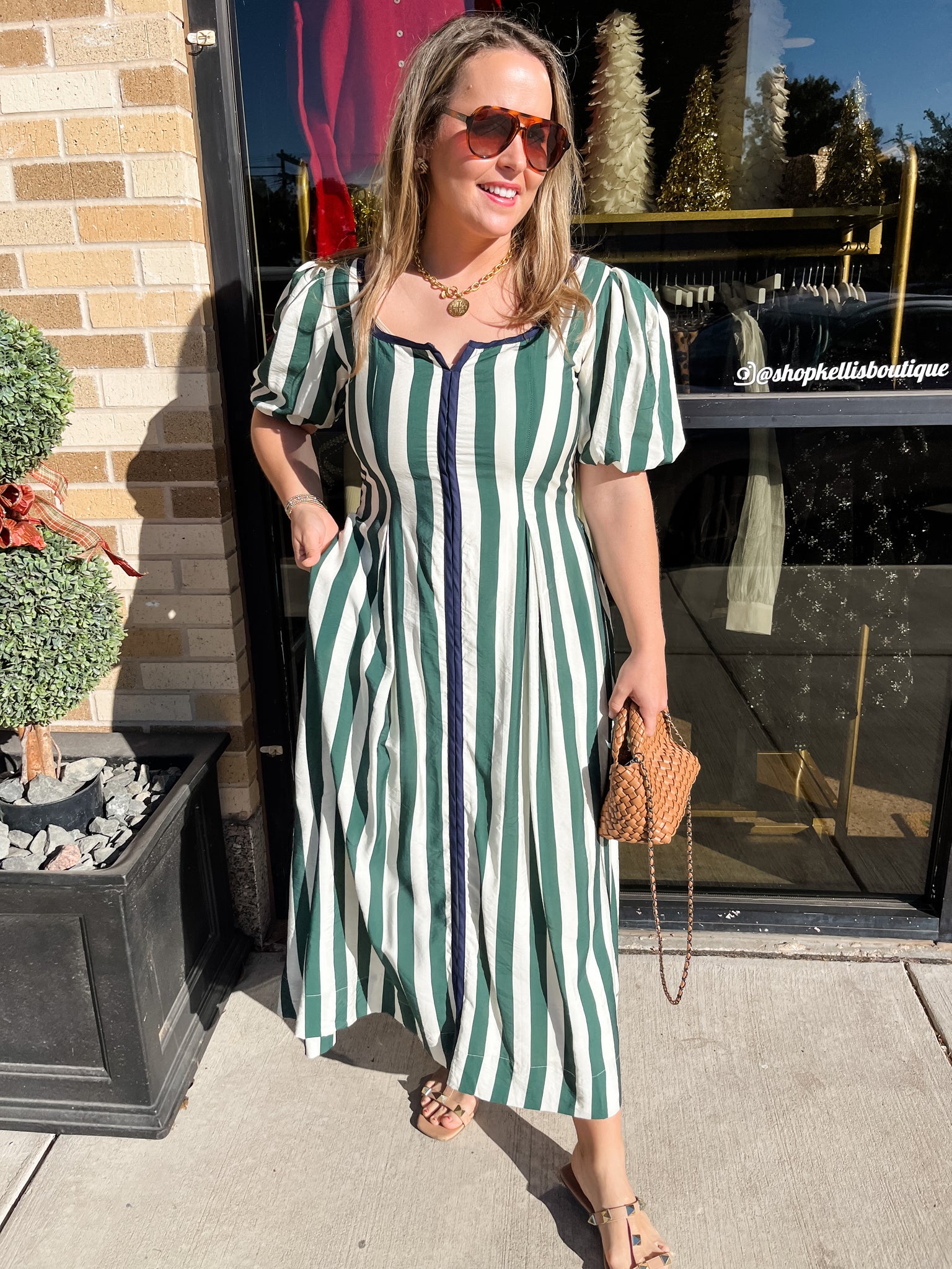Bold Vertical Stripes Square Neck Midi Dress- Hunter Green-K. Ellis Boutique