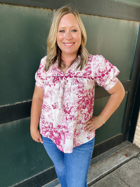 Floral Print V-Neck Top - Merlot-K. Ellis Boutique