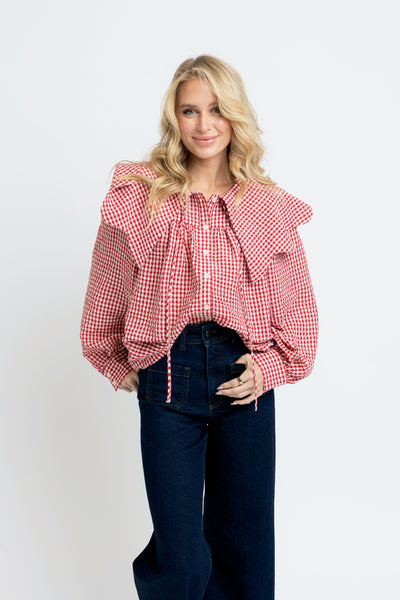 Gingham Poplin Peter Pan Collar Top-Karlie-K. Ellis Boutique