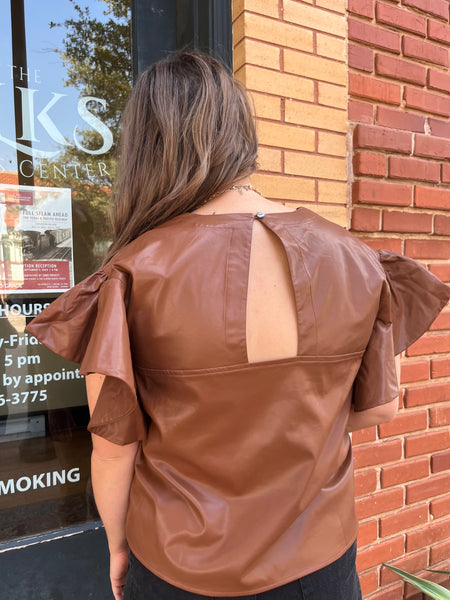 Solid Faux Leather Ruffle Sleeve Top- Brown-K. Ellis Boutique