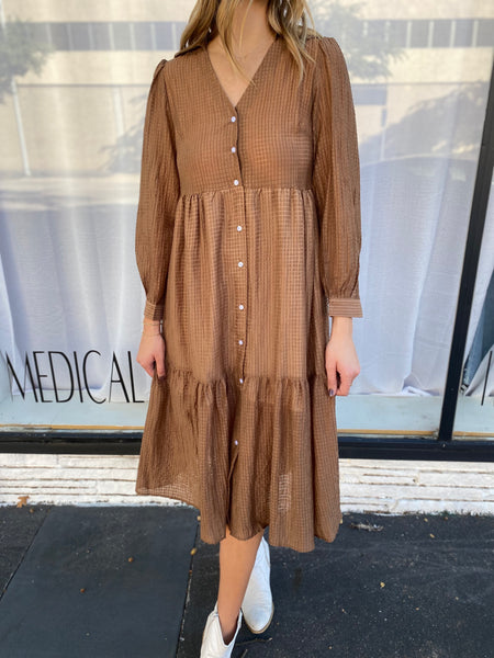 SOLID LONG SLEEVE TIERED RUFFLE MIDI DRESS - BROWN-K. Ellis Boutique