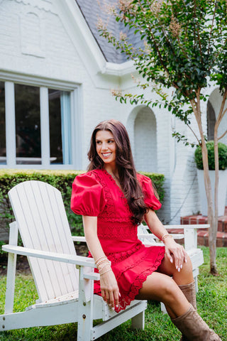Karlie Solid Lace Trim Puff Sleeve Dress- Red-Mini Dress-K. Ellis Boutique