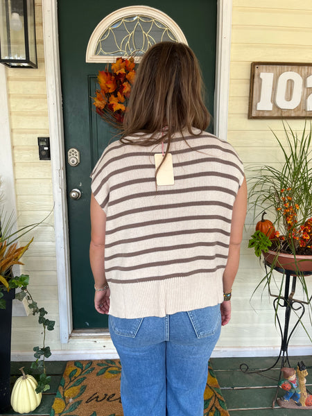 Stripe Print Round Neck Knit Top- Oatmeal-K. Ellis Boutique